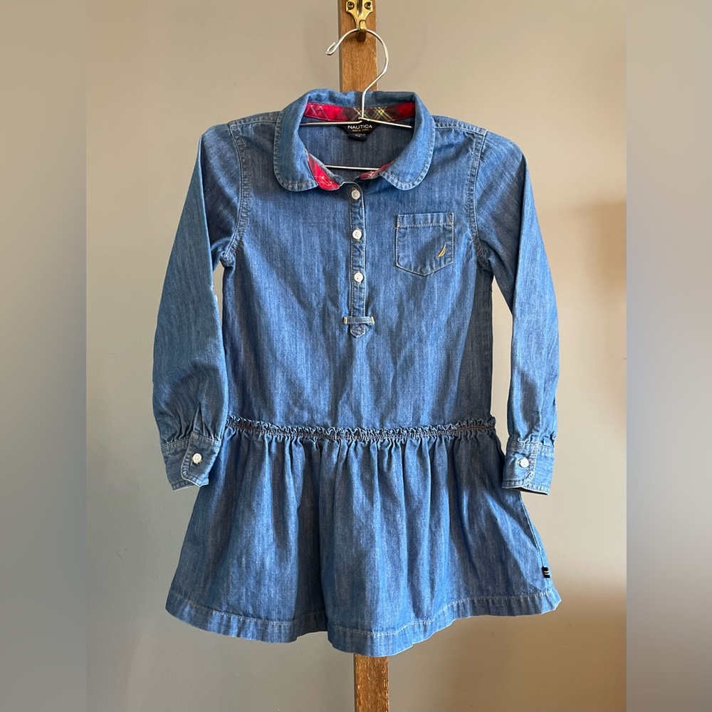 Nautica Kids Girl Indigo Denim Dress with Red Plaid Accents - Size 6X